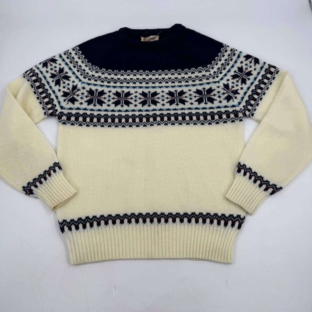 Vintage Sigallo Fair Isle Knit Sweater Cream Blue Black Acrylic Mens Medium
